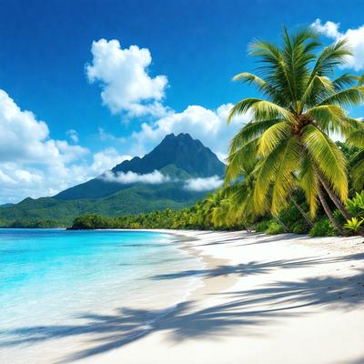 Primary subject: A beautiful beach with a palm tree and a mountain in the background.

Setting/background: The beach is located near a large body of water, with a mountain visible in the distance.

Visual style: The image is a photo of the beach and its surroundings.

Colors and mood: The colors in the image are predominantly blue and green, with the blue water and green mountain creating a serene and calming atmosphere.